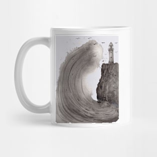Big Wave with a Lighthouse Ink Illustration Mug